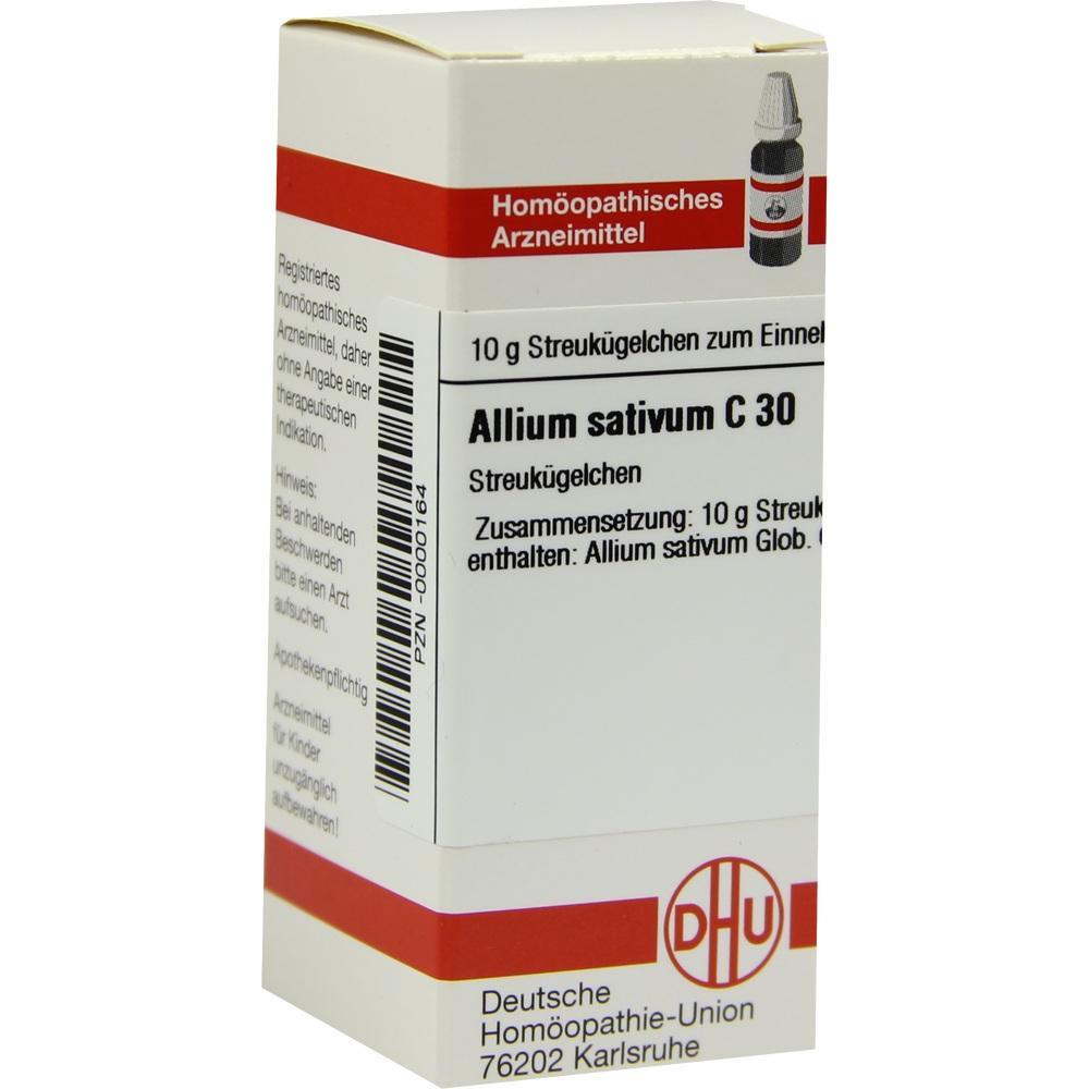 Weiße Verpackung für homöopathische Streukügelchen "Allium sativum C 30".