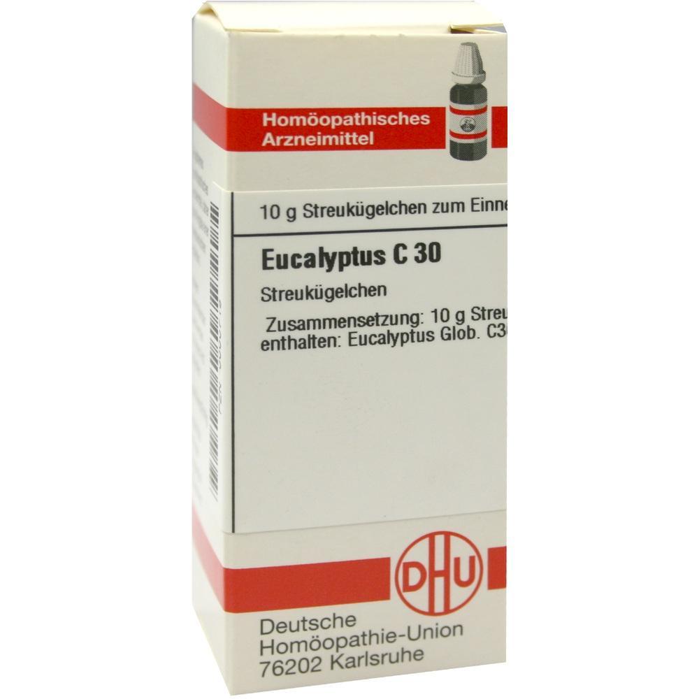 Ein weißer Karton mit Eucalyptus C 30 Streukügelchen.