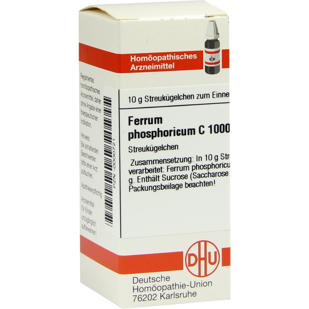 Weiße Medikamentenverpackung mit rotem Streifen und dem Text "Ferrum phosphoricum C 1000".