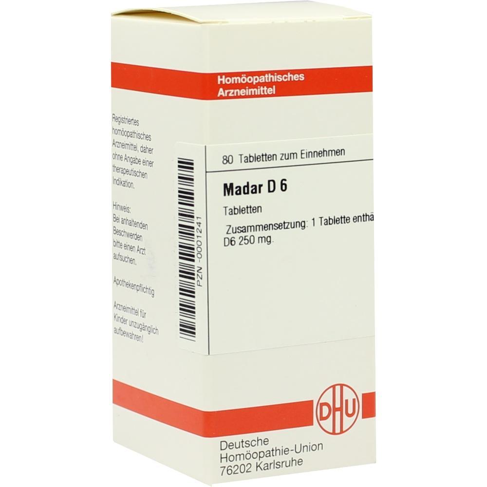 Weiße Schachtel mit homöopathischem Arzneimittel namens Madar D6.