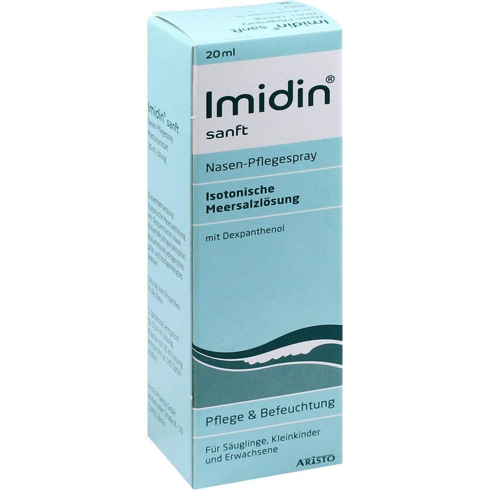 Eine blaue Verpackung von Nasenpflegespray namens Imidin sanft.