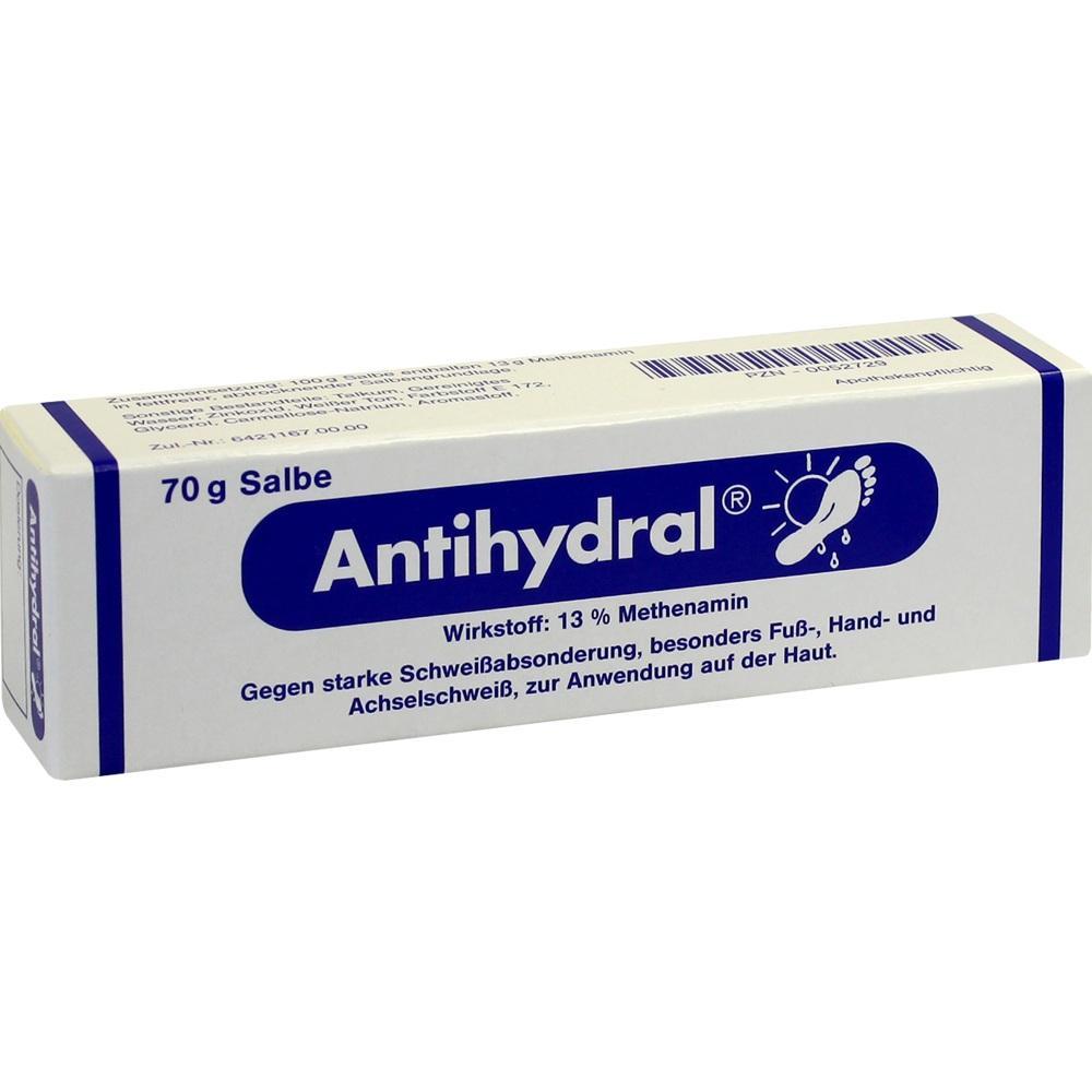 Weiße Schachtel mit blauen Aufdrucken für eine Antihydral Salbe gegen starkes Schwitzen.