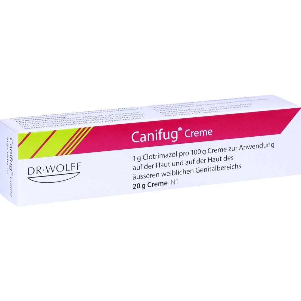 Wei&szlig;e Schachtel mit rotem und gelbem Design, Aufschrift "Canifug Creme".