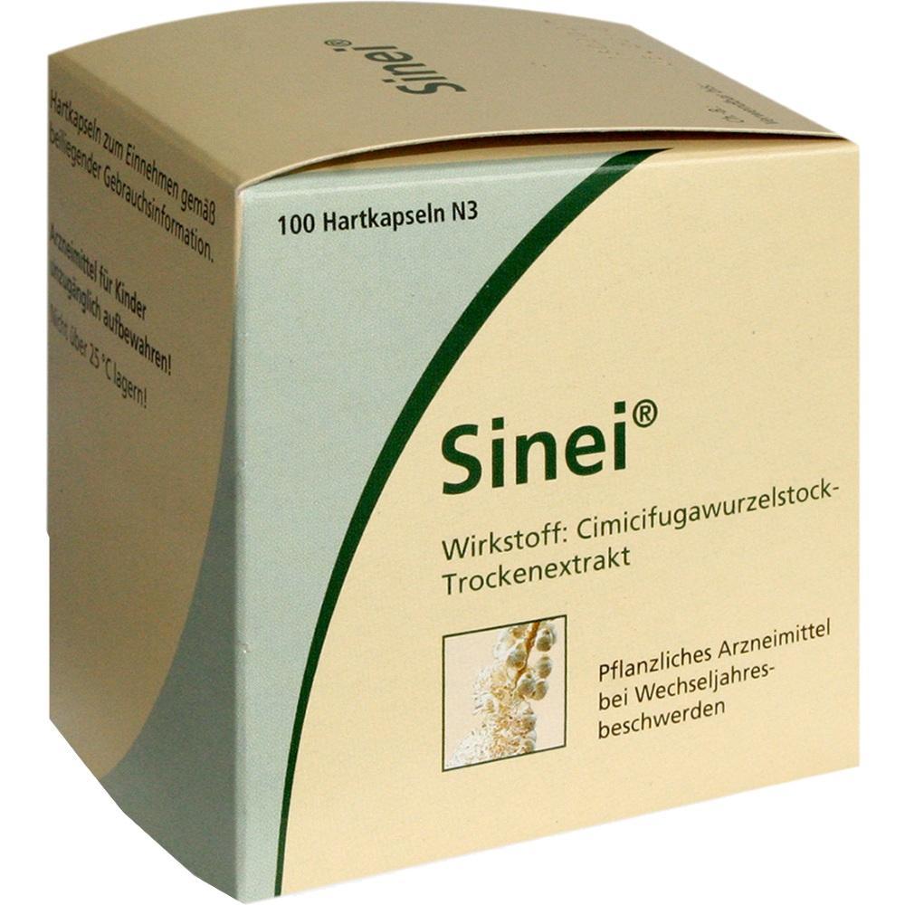 Eine Packung mit 100 Kapseln eines pflanzlichen Arzneimittels gegen Wechseljahresbeschwerden.