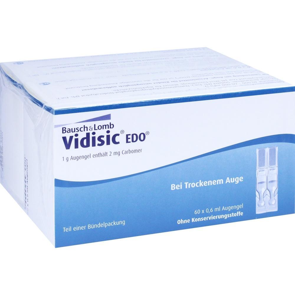 Eine blaue Packung Vidisic Augengel zur Behandlung trockener Augen.