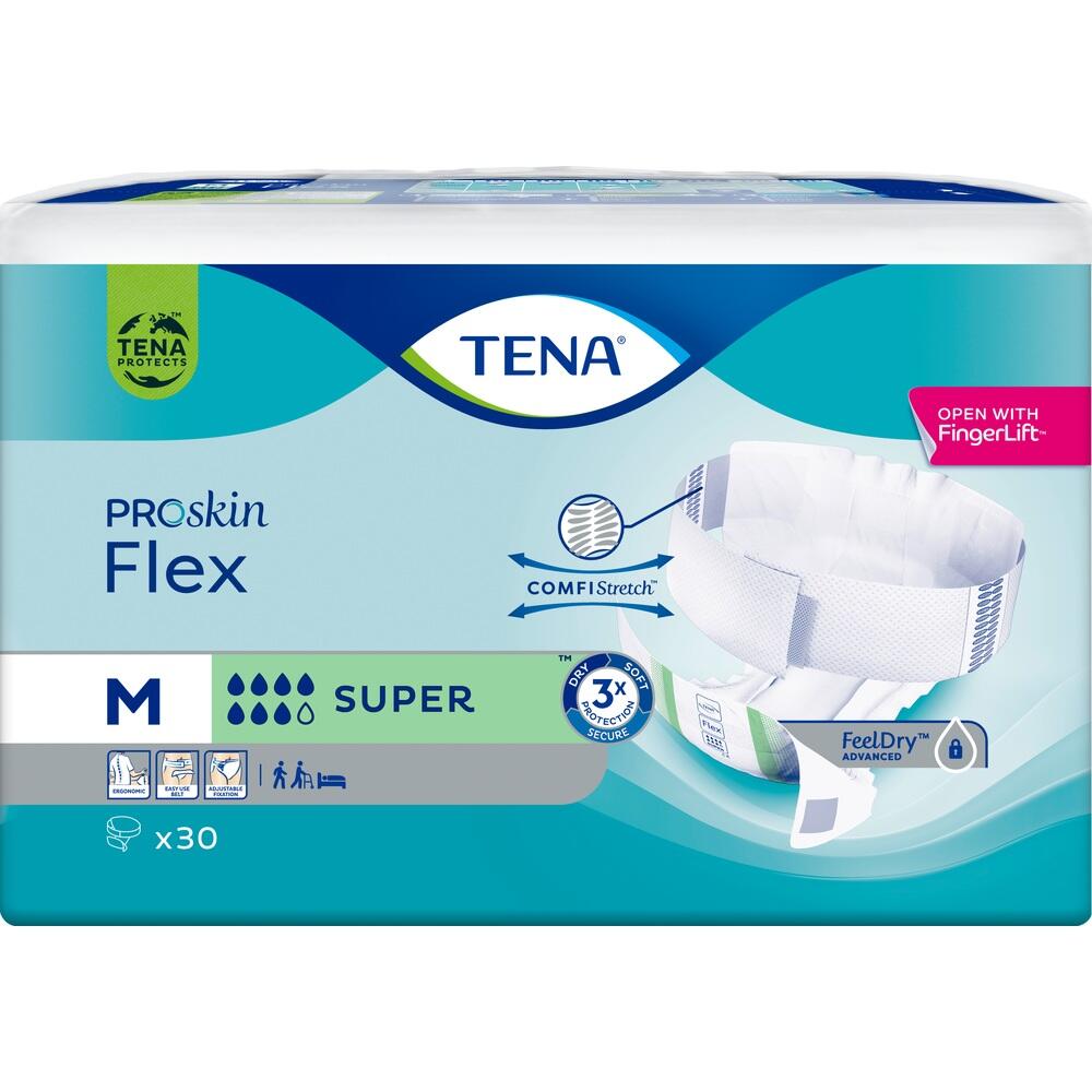 Die Packung zeigt TENA ProSkin Flex Windeln in Gr&ouml;&szlig;e M f&uuml;r Erwachsene.