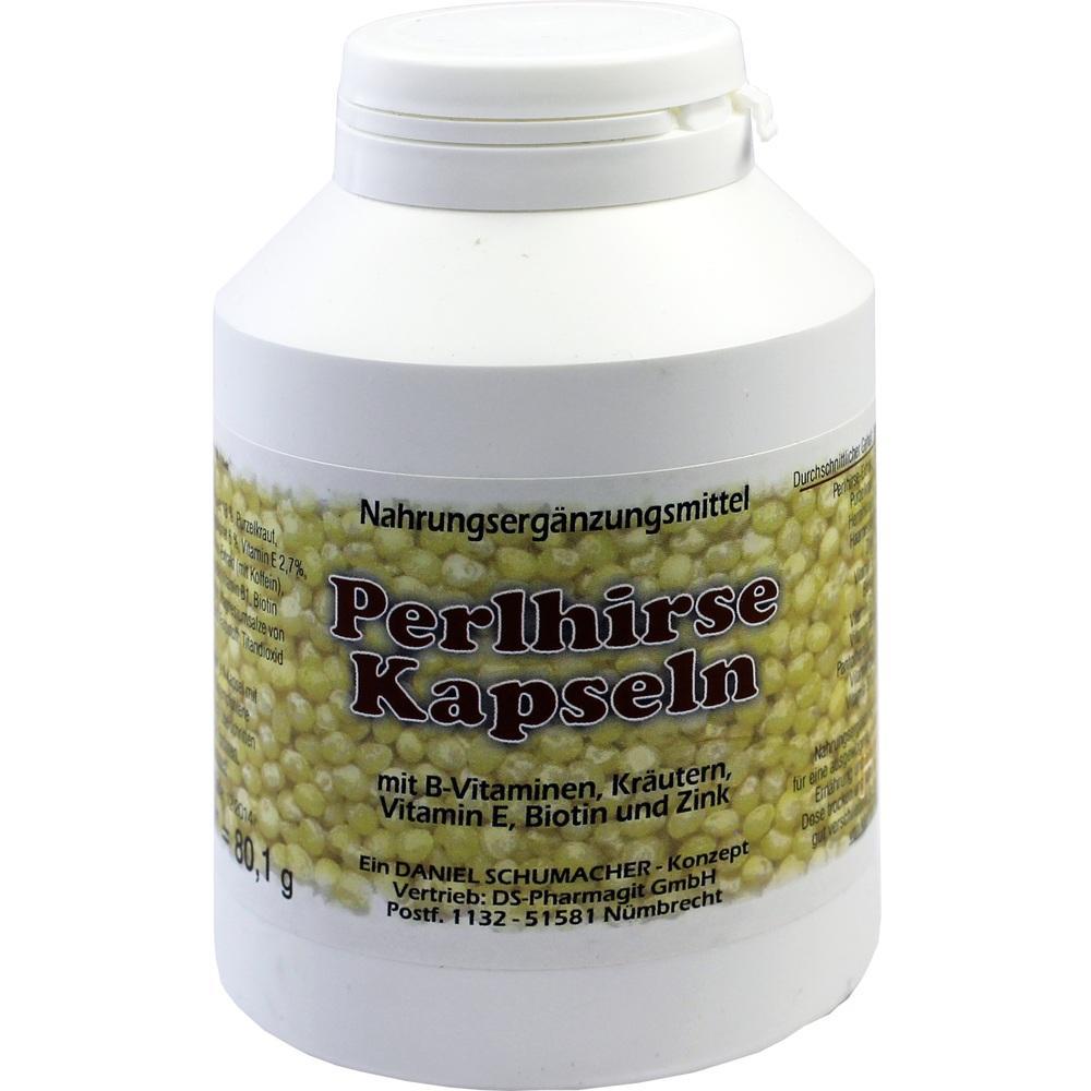 Eine wei&szlig;e Dose mit der Aufschrift "Perlhirse Kapseln" steht aufrecht.
