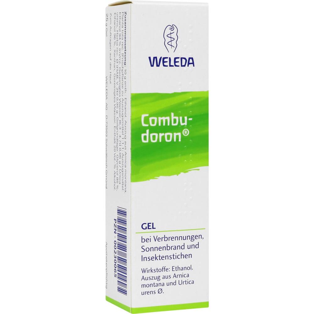 Wei&szlig;e Schachtel mit gr&uuml;nem Streifen, darauf steht "Combudoron Gel" gegen Verbrennungen.
