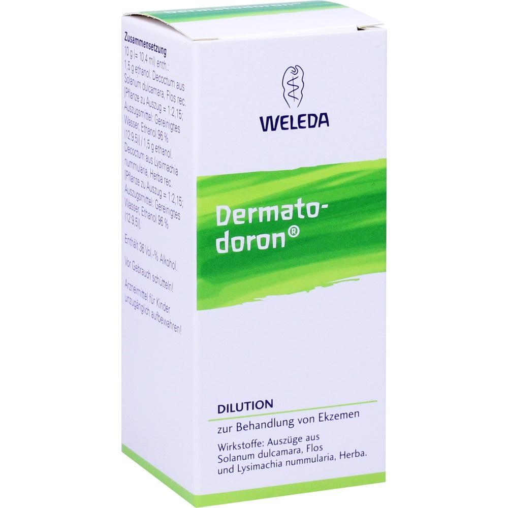 Wei&szlig;e Medikamentenbox mit gr&uuml;nem Design, Aufschrift "Dermatodoron" f&uuml;r Ekzembehandlung.