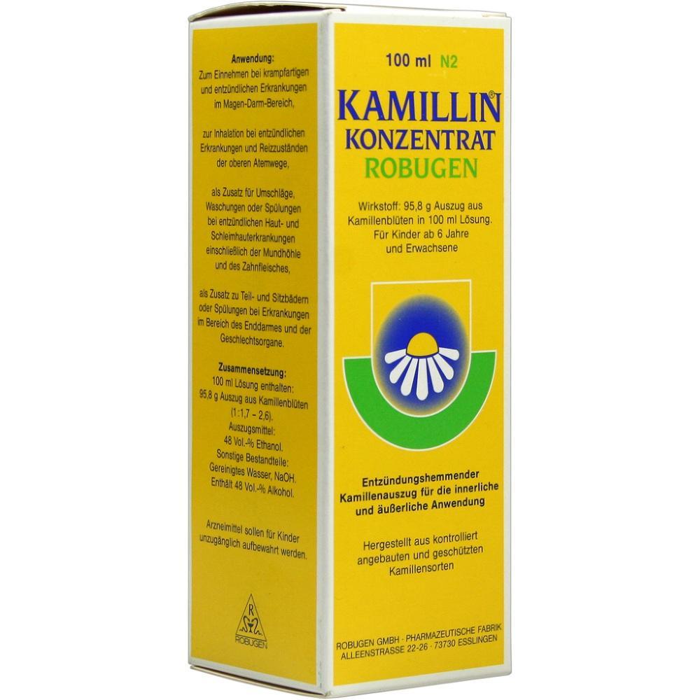 Gelbe Verpackung von Kamillen-Konzentrat für Kinder ab 6 Jahren und Erwachsene.