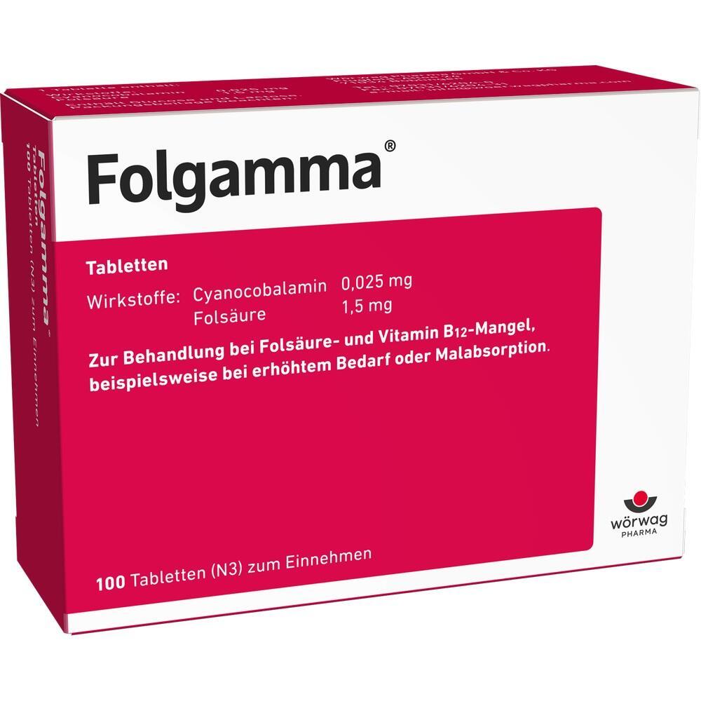 Rote Medikamentenverpackung von "Folgamma" zur Behandlung von Vitamin-B12- und Folsäure-Mangel.