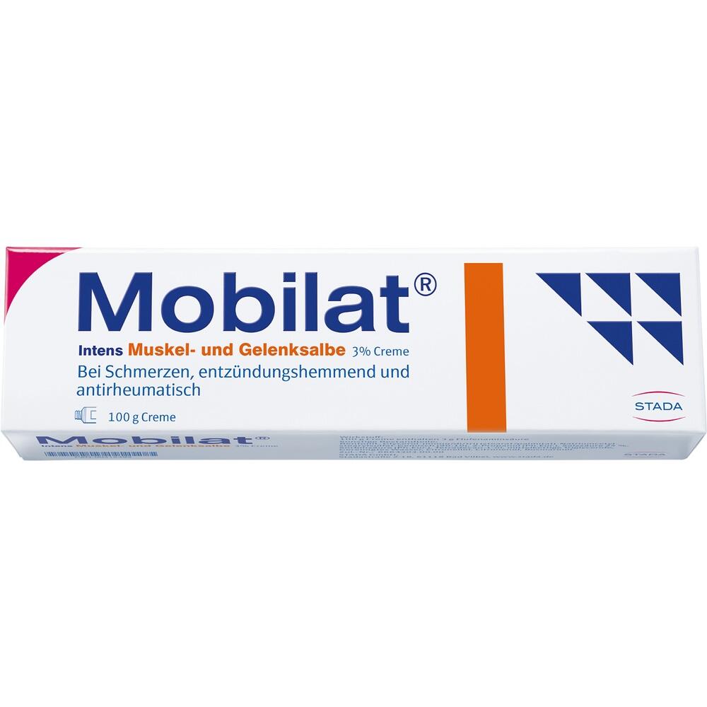 Eine wei&szlig;e Salbenverpackung mit der Aufschrift "Mobilat Intens Muskel- und Gelenksalbe".