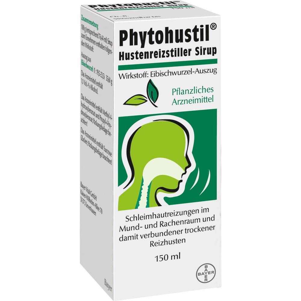 Eine Packung Hustensirup mit Pflanzenextrakt und einem Bild des Rachens.