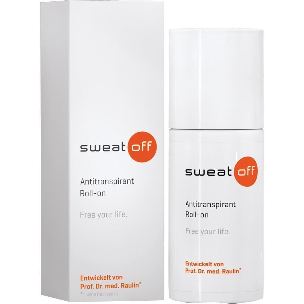 Ein wei&szlig;er Roll-on-Antitranspirant von "sweat off" neben seiner Verpackung.
