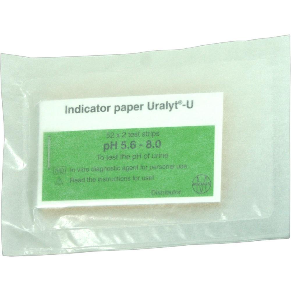 Verpackung mit Indikatorpapier zur Messung des Urin-pH-Werts.
