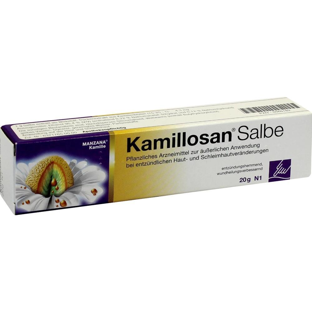 Kartonschachtel mit Kamillosan-Salbe zur äußeren Anwendung bei Hautentzündungen.