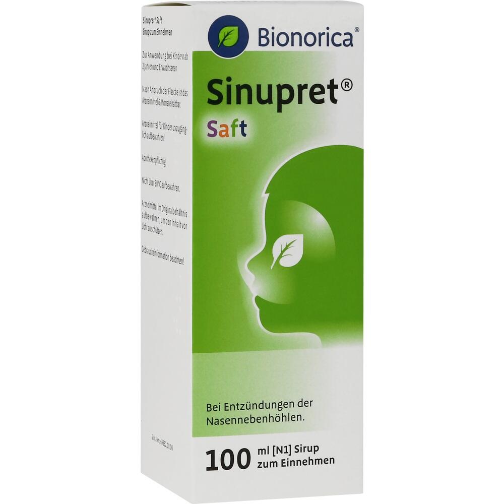 Eine gr&uuml;ne Packung Sinupret-Saft gegen Nasennebenh&ouml;hlenentz&uuml;ndungen.