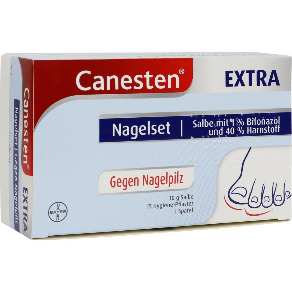 Verpackung eines Nagelsets gegen Nagelpilz mit Salbe und Pflastern.