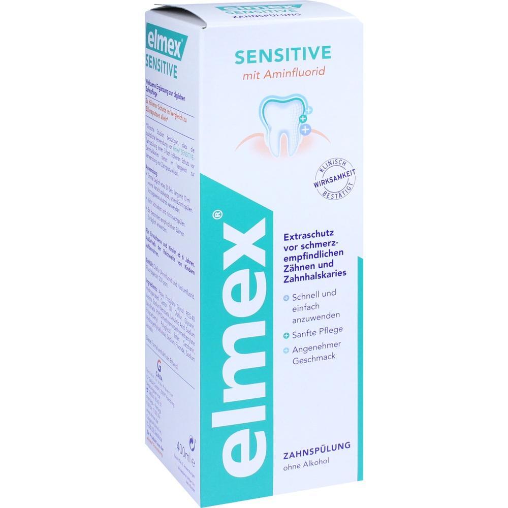 Wei&szlig;e Verpackung von elmex Sensitive Zahnsp&uuml;lung f&uuml;r empfindliche Z&auml;hne, ohne Alkohol.