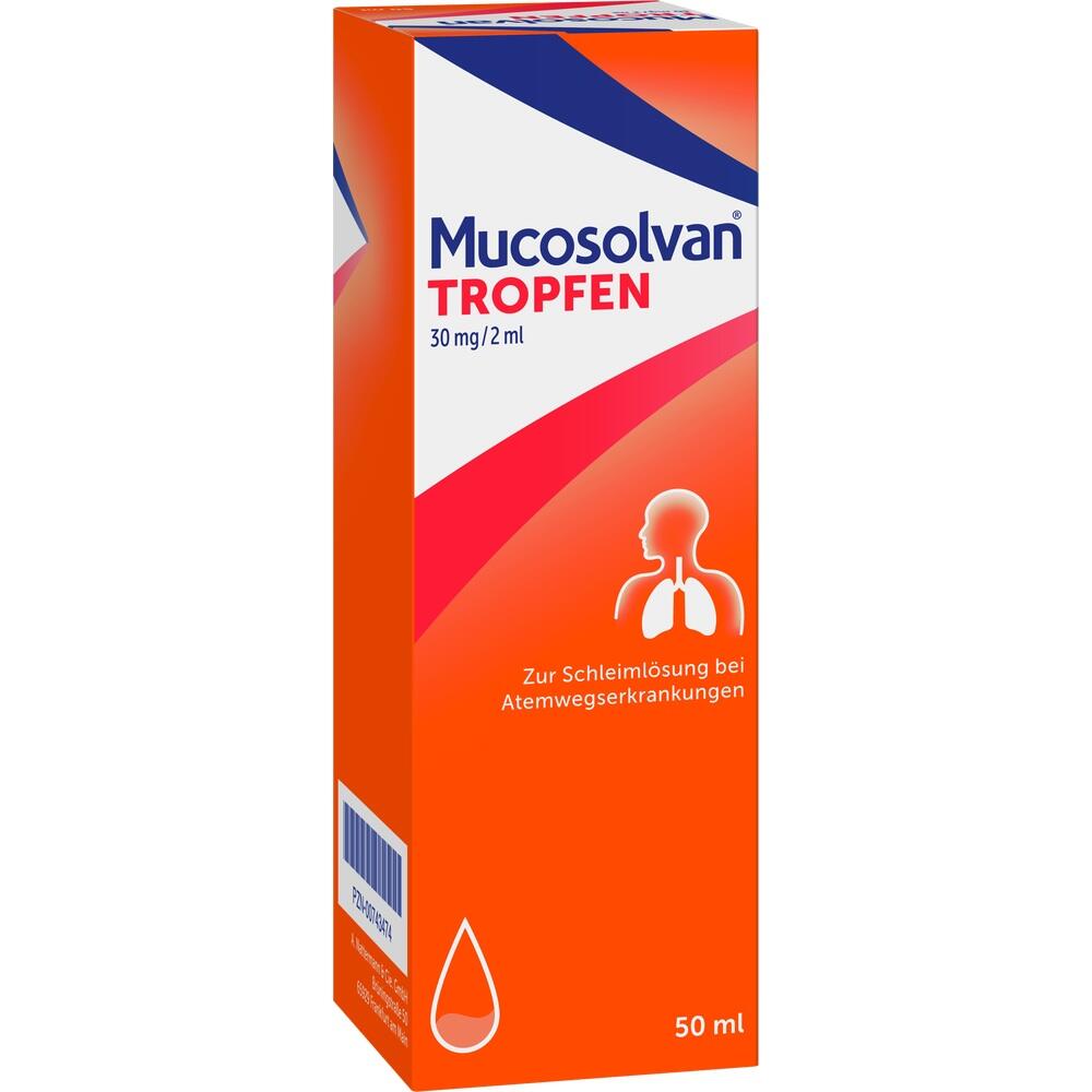 Eine orange Packung mit Hustensaft zur Schleimlösung bei Atemwegserkrankungen.