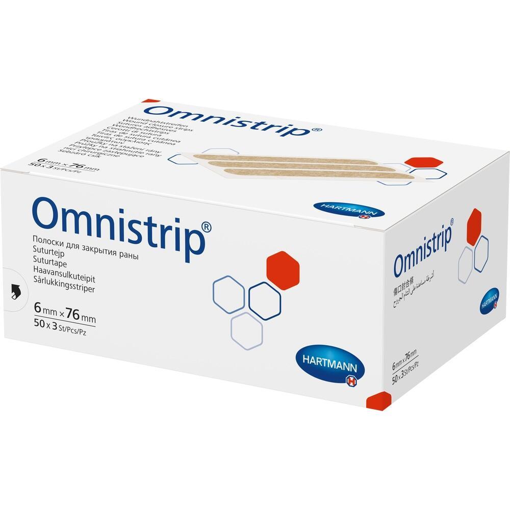 Eine weiße Schachtel mit dem Aufdruck "Omnistrip" und einem medizinischen Logo.
