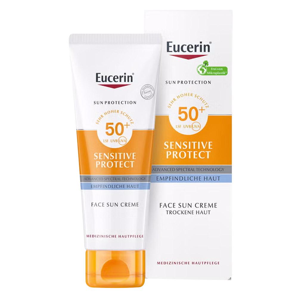 Eine Sonnencreme-Verpackung mit LSF 50+ f&uuml;r empfindliche Haut.