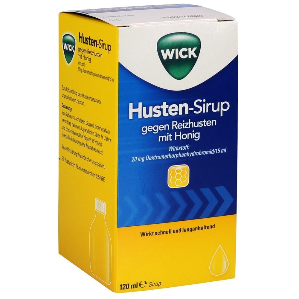 Eine gelb-blaue Verpackung von Hustensirup gegen Reizhusten mit Honiggeschmack.