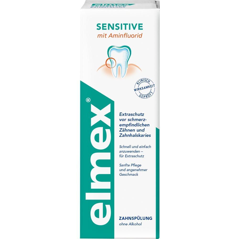 Wei&szlig;e Zahnpflege-Verpackung mit der Aufschrift "Elmex Sensitive".