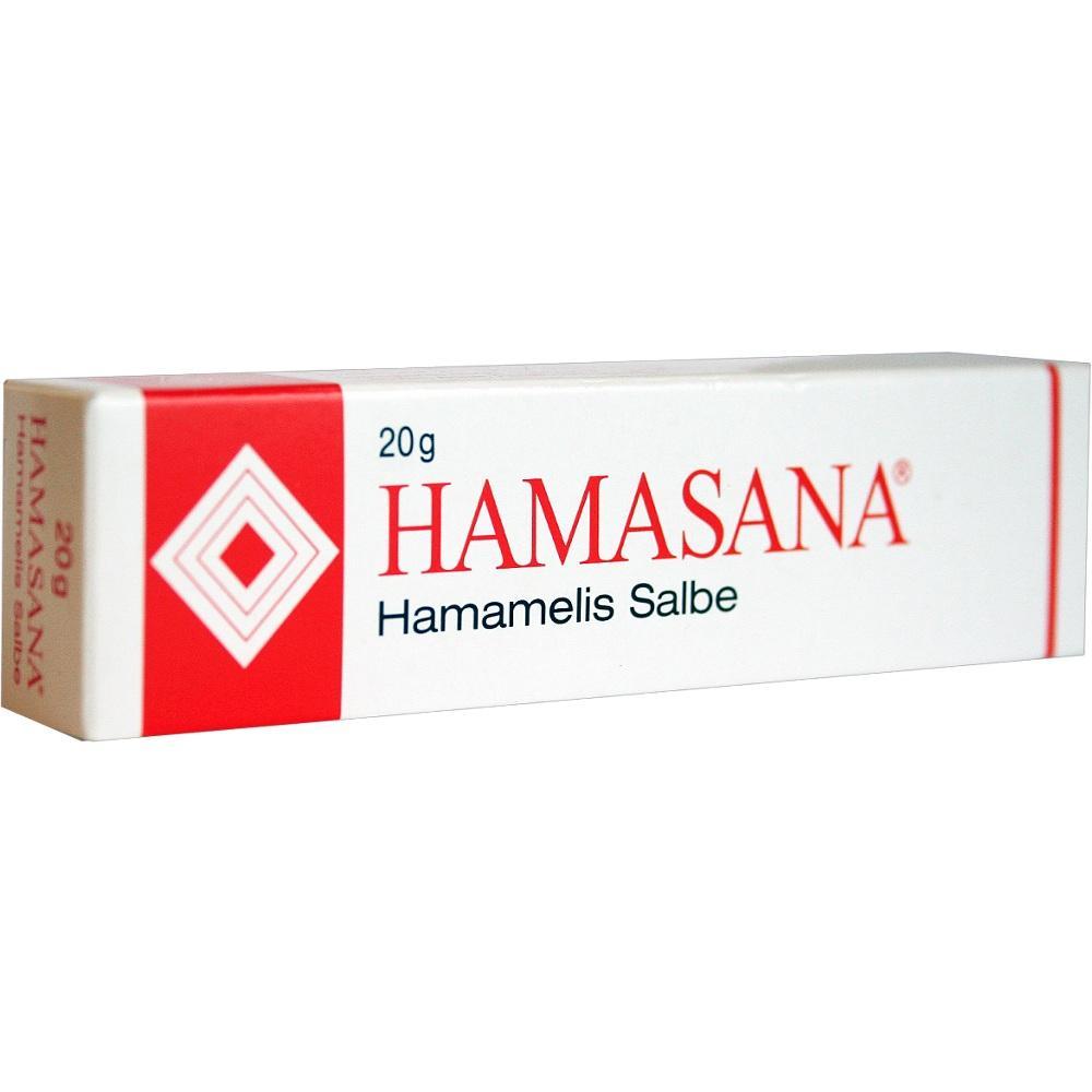 Eine wei&szlig;e Pappschachtel mit der Aufschrift "Hamamelis Salbe - HAMASANA".