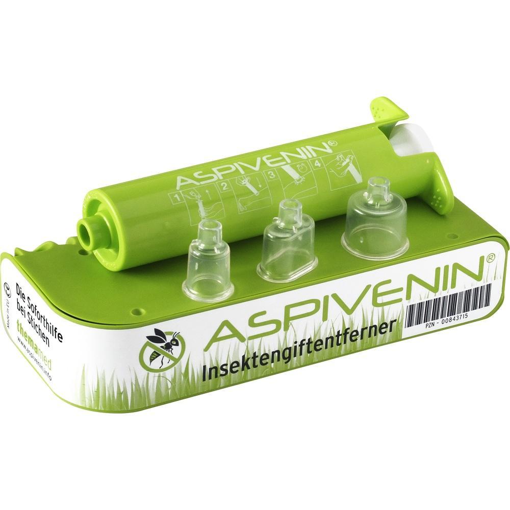 Gr&uuml;ner Insektengiftentferner mit drei durchsichtigen Aufs&auml;tzen auf einer Verpackung.