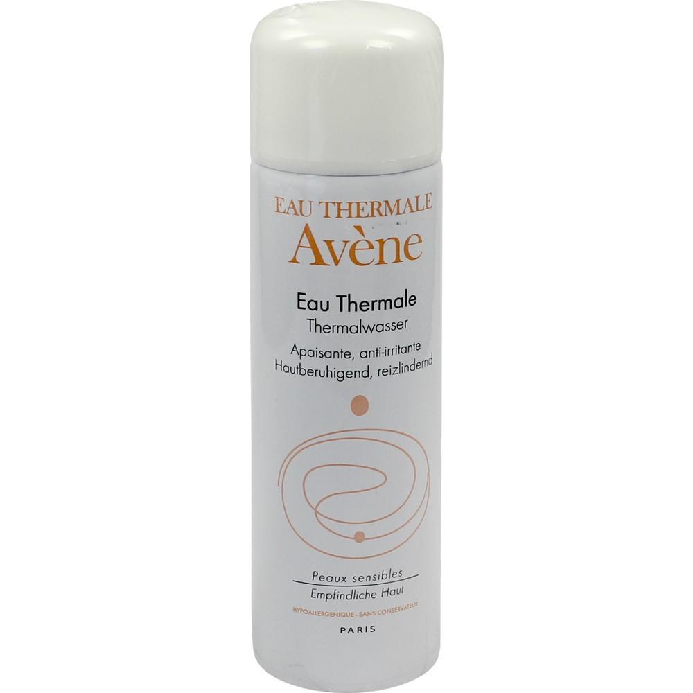 Wei&szlig;e Spr&uuml;hflasche mit orangefarbenem Av&egrave;ne-Logo und Aufschrift "Thermalwasser".