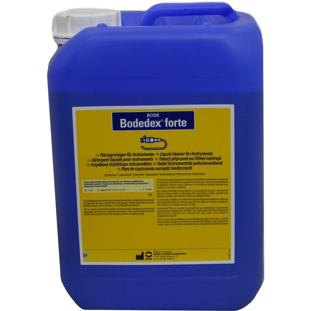 Ein blauer Kanister mit der Aufschrift "Bodedex forte" für Instrumentenreinigung.