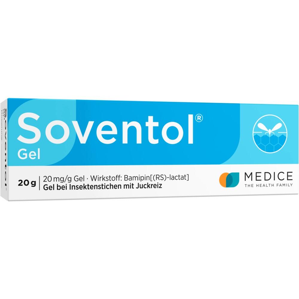 Die Packung zeigt ein Gel gegen juckende Insektenstiche namens Soventol.