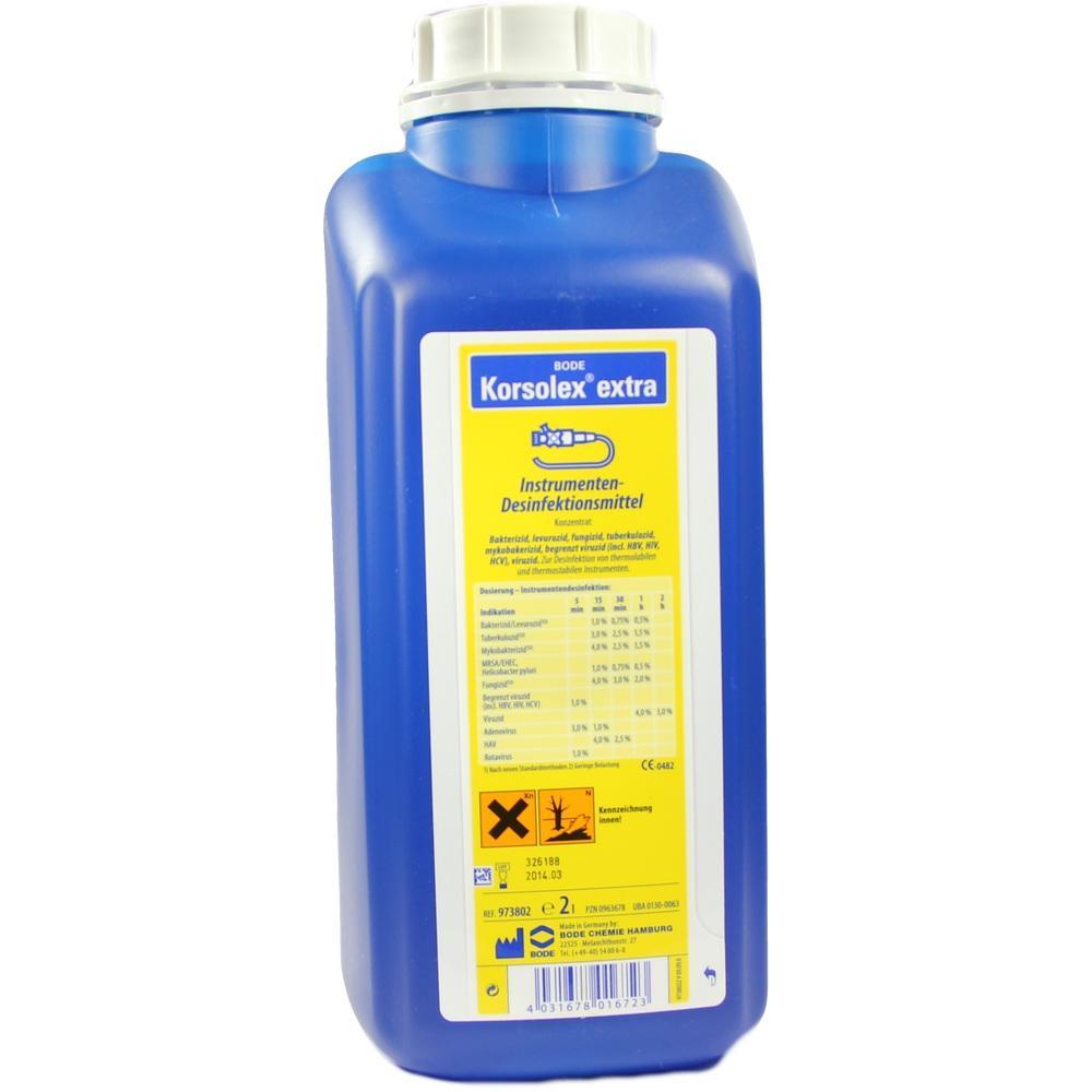 Blaue Flasche mit gelbem Etikett für Desinfektionsmittel.