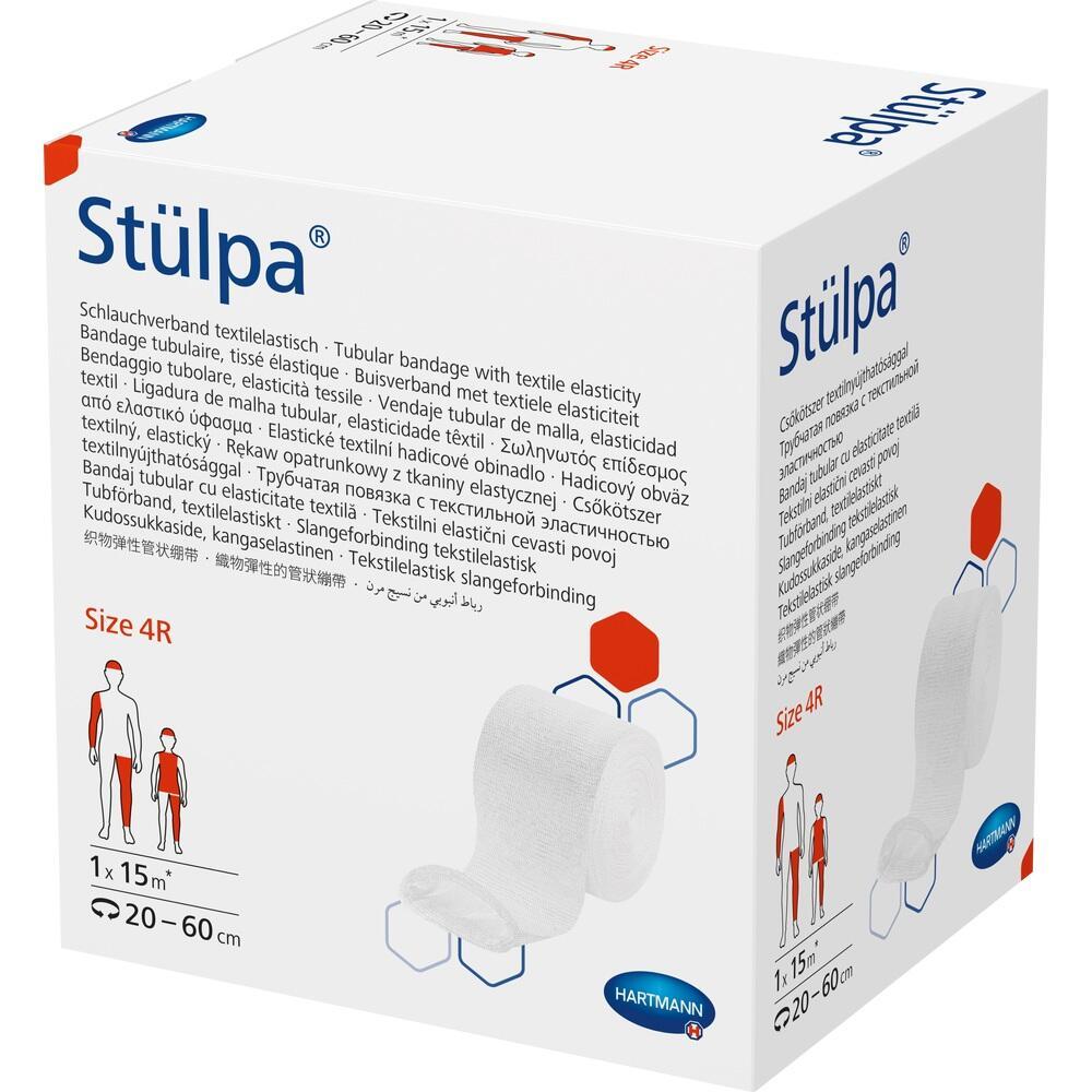 Eine weiße Verpackung mit einem elastischen Schlauchverband von Stülpa in Größe 4R.