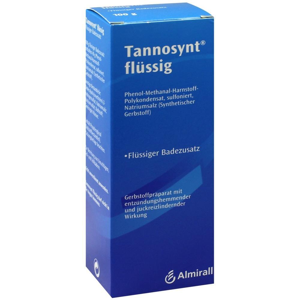 Eine blaue Verpackung von Tannosynt fl&uuml;ssig als Badezusatz.