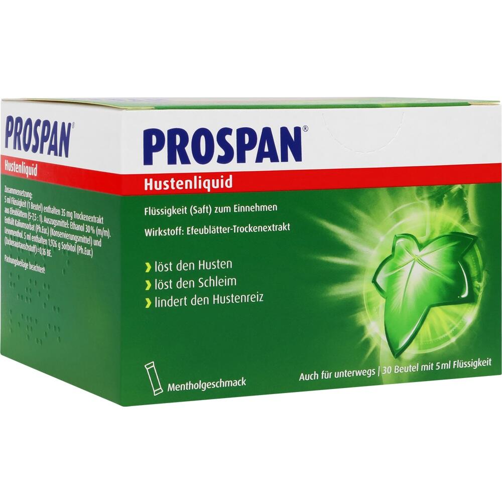 Grüne Prospan-Verpackung mit einem Efeublatt, Hustenliquid darin enthalten.