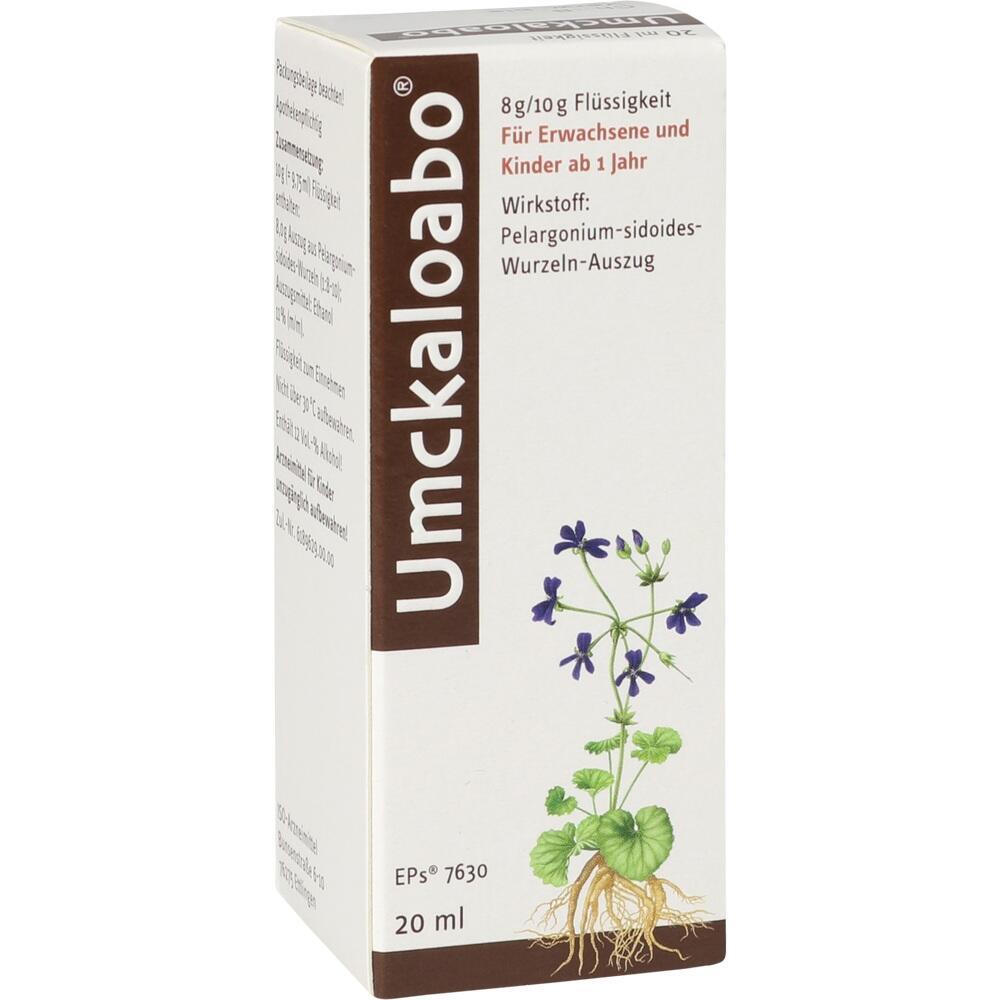 Eine Umckaloabo-Packung mit einer Zeichnung von lila Blüten und grünen Blättern.