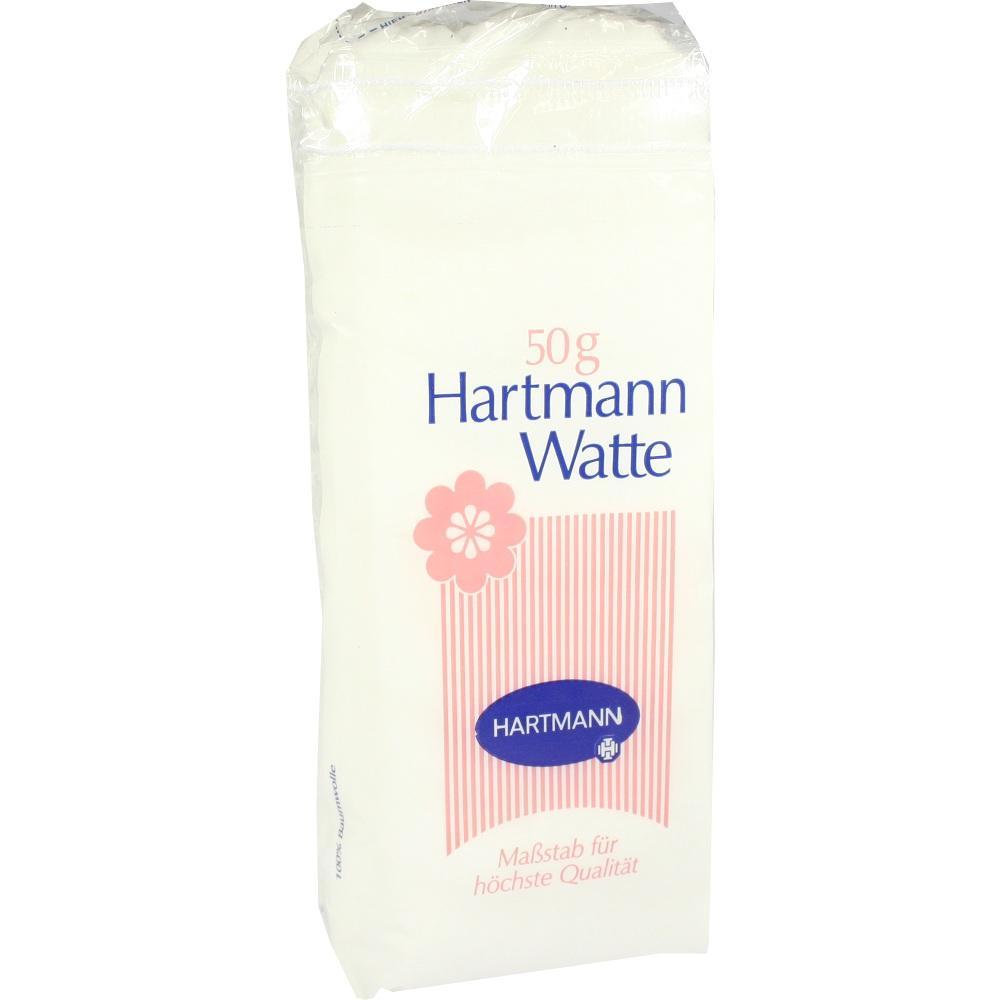 Eine weiße Packung Hartmann Watte mit 50 Gramm Inhalt.