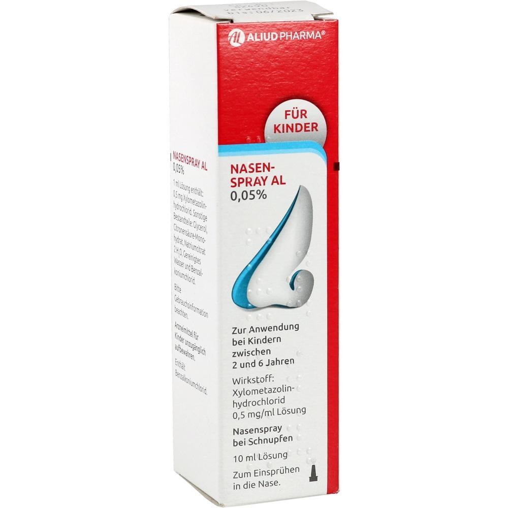 Verpackung von Nasenspray f&uuml;r Kinder mit rotem und wei&szlig;em Design.