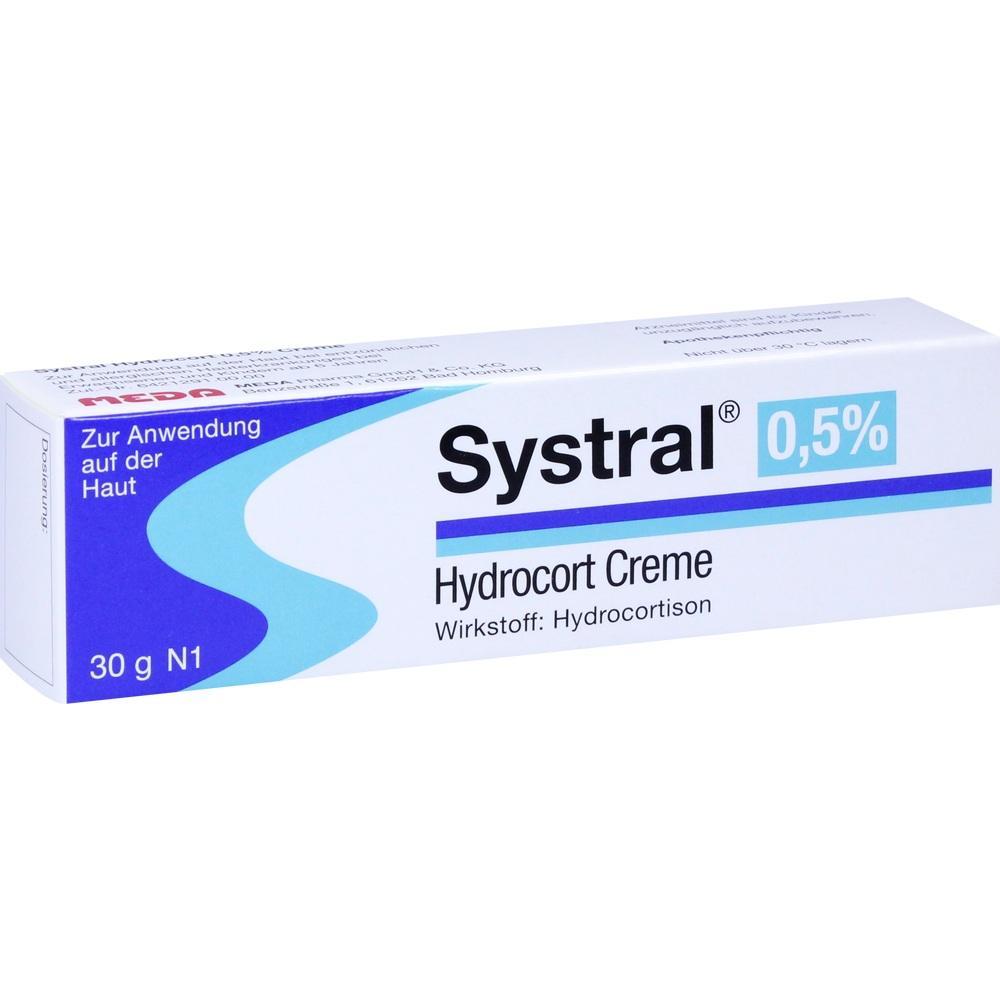 Wei&szlig;-blaue Schachtel einer Hautcreme mit Hydrocortison 0,5%.