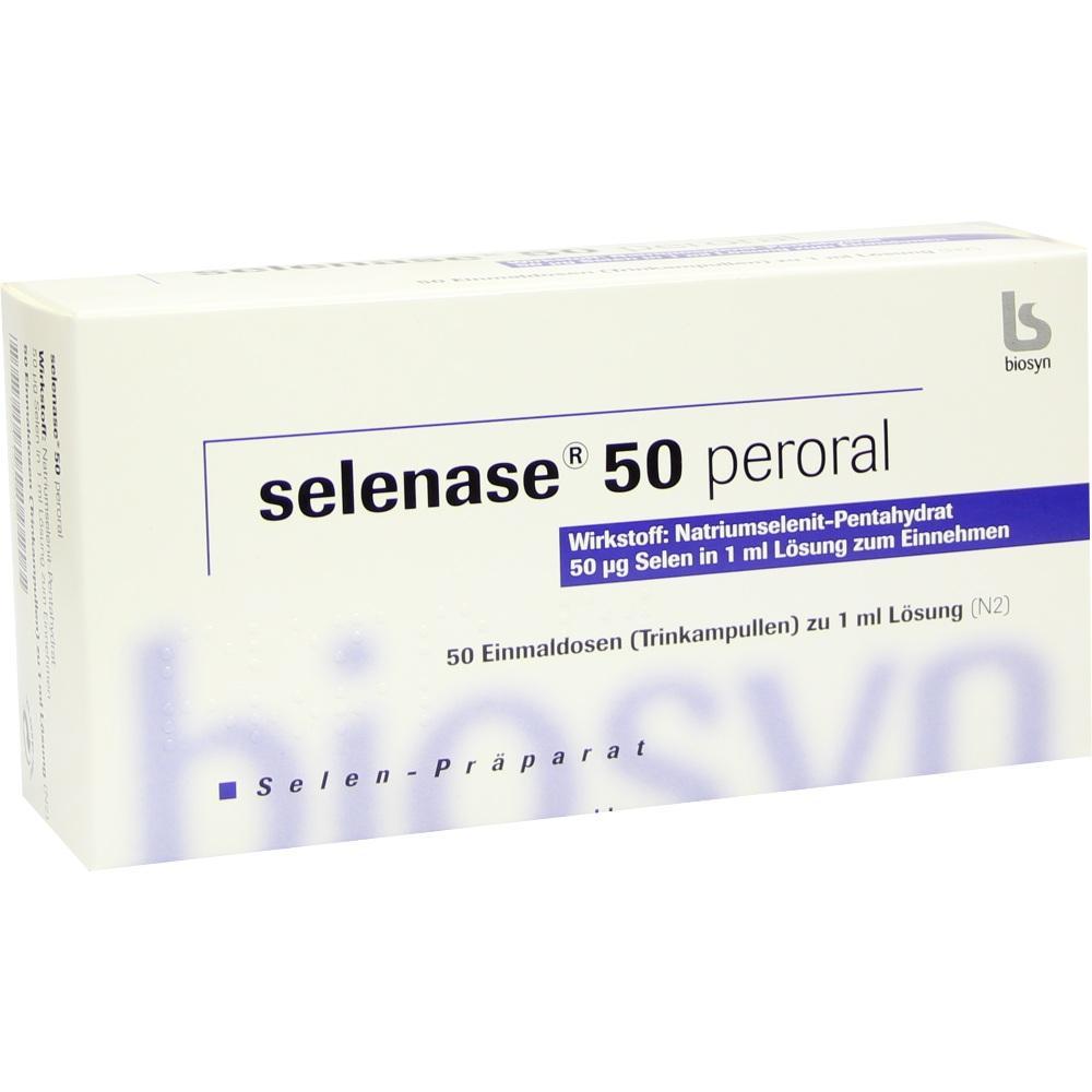 Packung mit Selen-Präparat, 50 Trinkampullen zu je 1 ml Lösung.