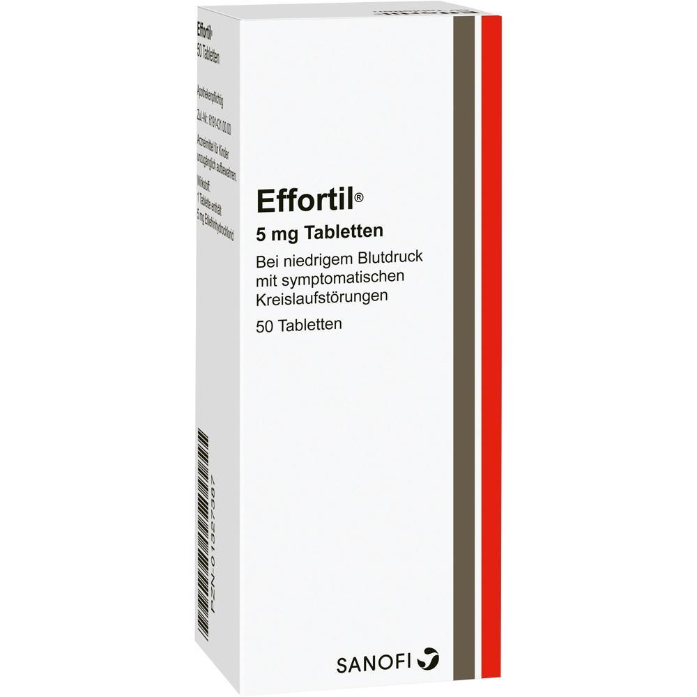 Eine wei&szlig;e Medikamentenverpackung mit der Aufschrift "Effortil 5 mg Tabletten".