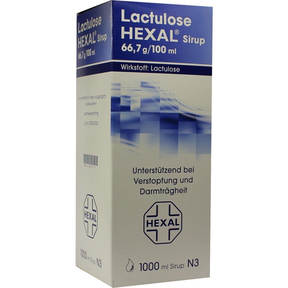 Eine Packung Lactulose HEXAL Sirup gegen Verstopfung und Darmträgheit.