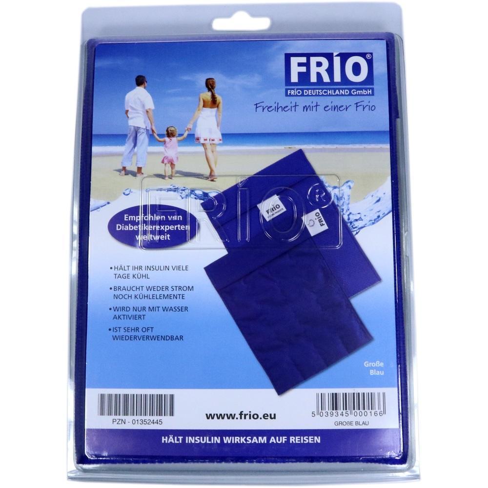 Verpackung mit blauem K&uuml;hlbeutel f&uuml;r Insulin und Bild einer Familie am Strand im Hintergrund.