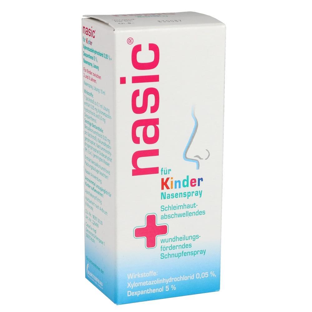 Wei&szlig;e Packung eines Nasensprays f&uuml;r Kinder mit buntem Text und Nase-Logo.