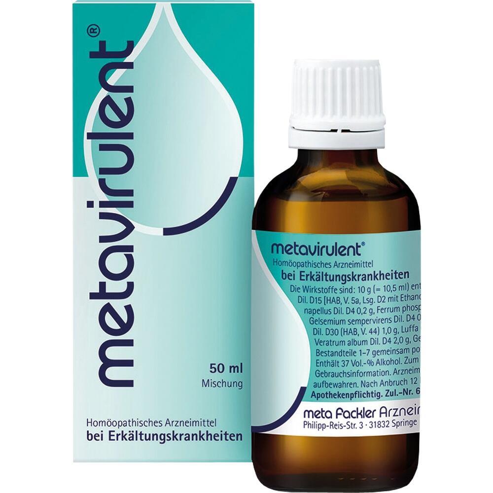 Eine braune Flasche und eine blaue Verpackung von Metavirulent, einem Erk&auml;ltungsmittel.