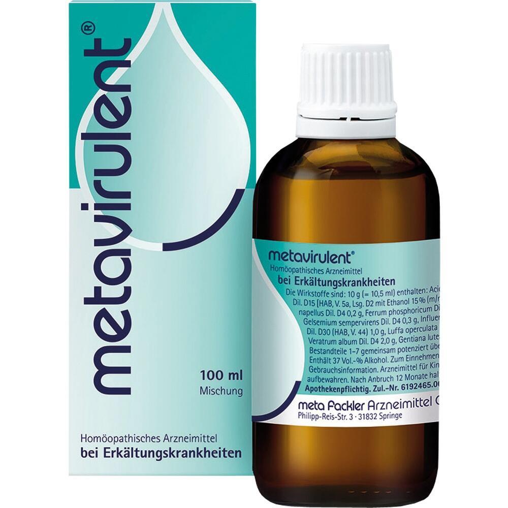 Eine braune Flasche und eine Packung mit der Aufschrift "metavirulent".