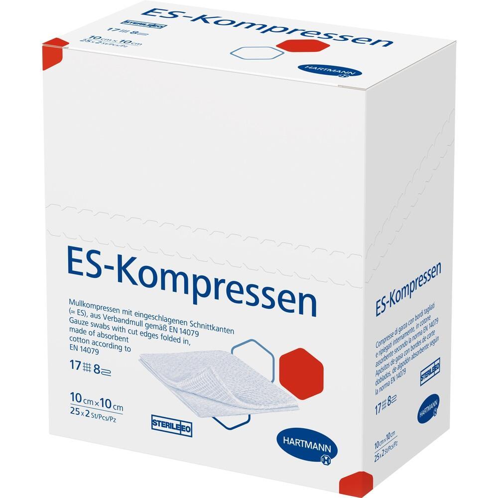 Eine Schachtel mit ES-Kompressen von Hartmann ist abgebildet.