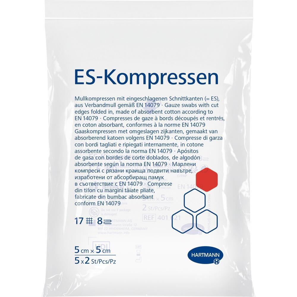 Eine Packung mit ES-Kompresse, 5 x 5 cm groß, von der Marke Hartmann.